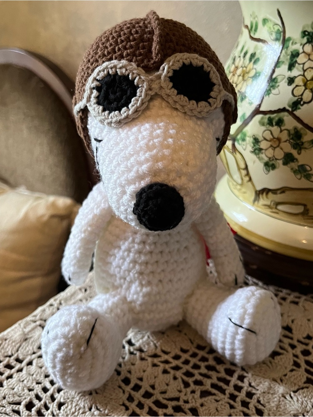 Handmade White Crochet Dog Plush with Brown Aviator Hat